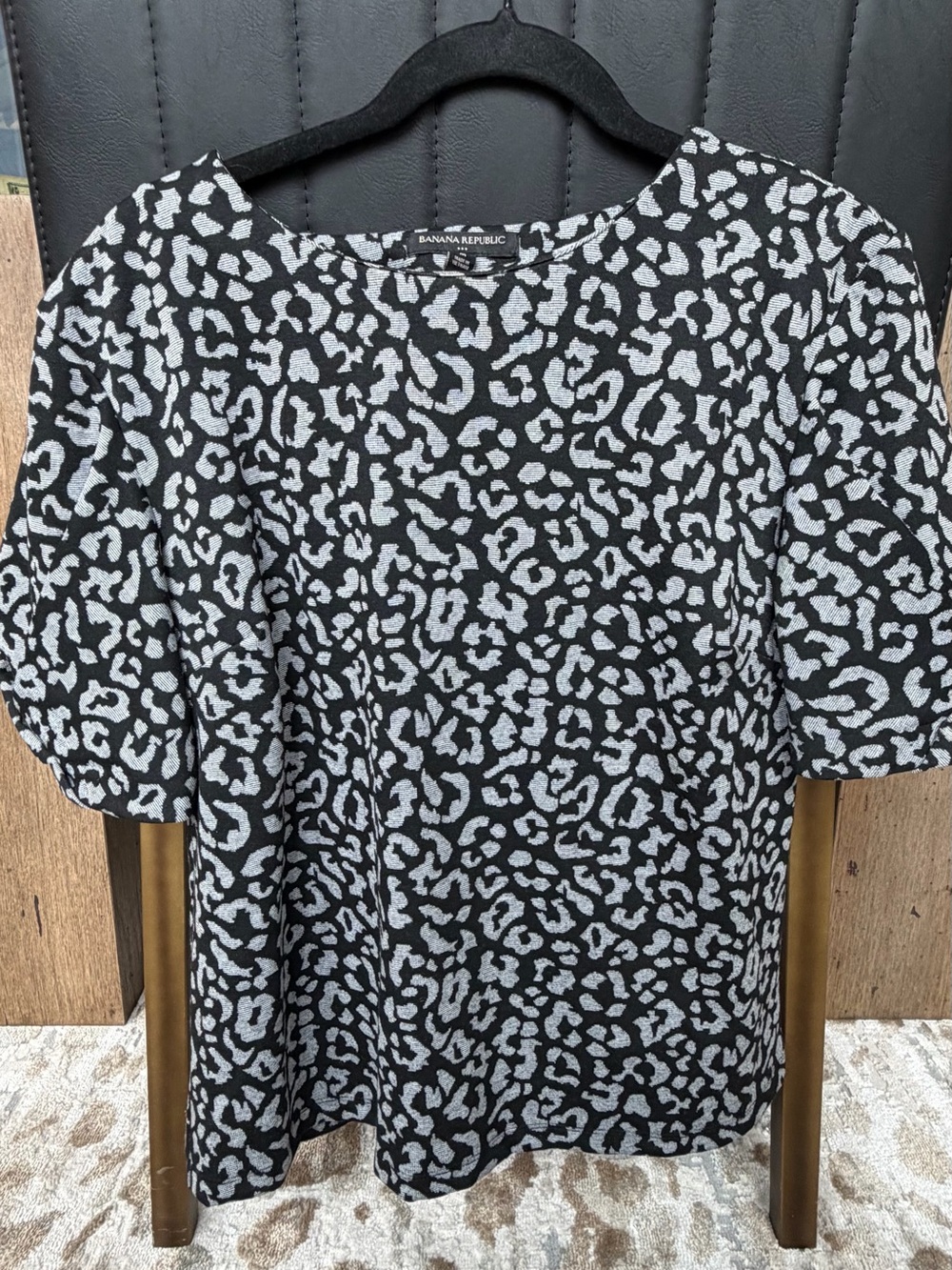 Banana Republic Black and Light Gray Leopard Print Knit Top